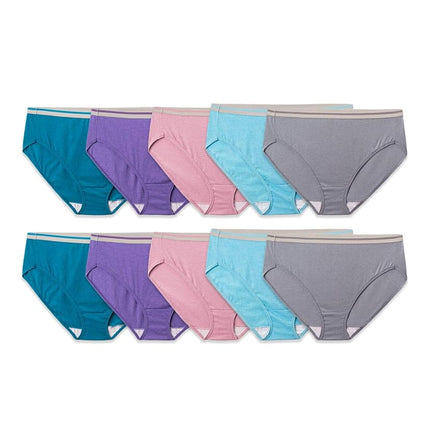 Fruit of the Loom Women's Eversoft Briefs, Tagless and Breathable, Available Underwear, Plus Size Hi Cut-Cotton Blend-Pack of 10-Colours May Vary, 9