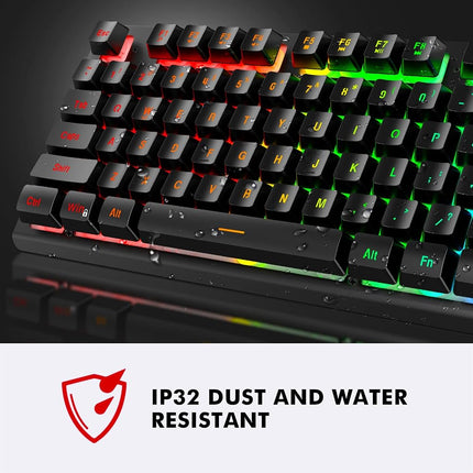 Teclado de juego con cable NPET K10, retroiluminación LED, diseño resistente a salpicaduras, teclas multimedia, teclado de membrana USB silencioso para escritorio, computadora, PC (negro)