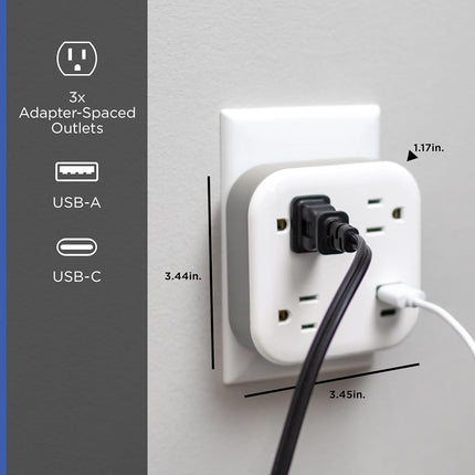 GE UltraPro 3-Outlet Surge Protector Wall Tap, 980J, USB-C & USB-A Ports, Adapter-Spaced Outlets, Circuit Breaker, ETL Certified, Low-Profile Design, White, 85875