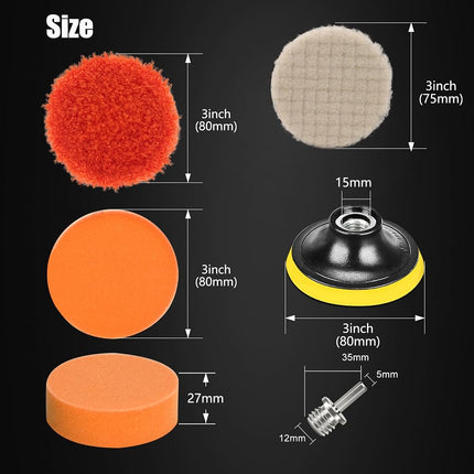 ZFE Drill Polishing Kit for Car, 3''(80mm) 32Pcs Car Foam Buffing Pads, Wool Pads Drill Buffing Pad, Wax Buffer Polisher Attachment with 5/8-11 Thread Backing pad & Adapters, ZFE32SET