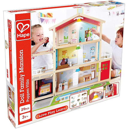 Sustainable Wood Toy, Hape Doll Family Mansion Playset With 4 Figures, 6 Rooms, 2 Balconies, 7 Room Sets and Barbecue. 3 years +