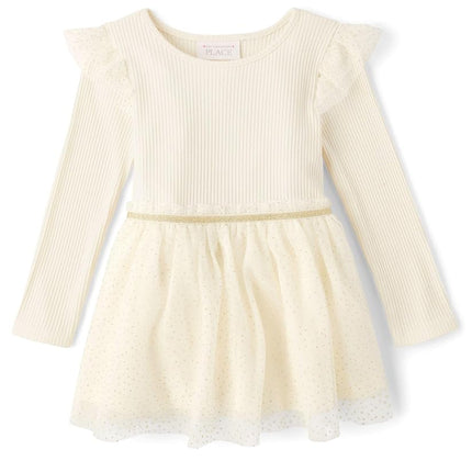 The Children's Place Vestidos elegantes de manga larga para bebé y niña pequeña, Margarita Blanca, 5T