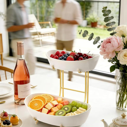 Yedio 2 Tier Ceramic Fruit Bowl for Kitchen Counter with Gold Metal Stand