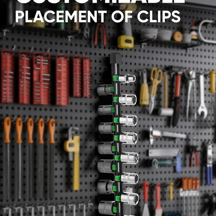 ALOANES 9 PC ABS Socket Organizer, 1/2 inch, 3/8 inch and 1/4 inch Drive Socket Rail Holders, Heavy Duty Socket Racks, Black Rails with Green Clips