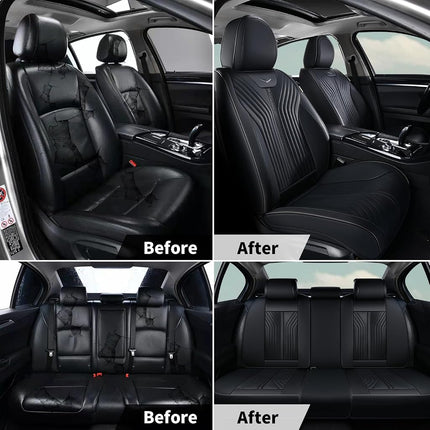 FLORICH Fundas de Asiento de Cuero para Coche Juego Completo Protector de Asiento Impermeable Funda de Asiento de Coche de Cobertura Completa Cojín de Asiento de Coche Ajuste Universal para la Mayoría de Coches Camiones SUV, Negro