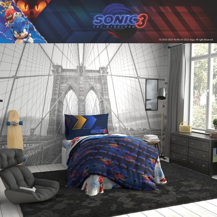 Franco Sonic The Hedgehog 3 Movie Kids Bedding Super Soft Comforter and Sheet Set, 4 Piece Twin Size, (Officially Licensed Product)
