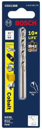 BOSCH CO2138B 1-Piece 11/64 In. x 3-1/4 In. Cobalt M42 Metal Drill Bit with Three-Flat Shank for Drilling Applications in Stainless Steel, Cast Iron, Titanium, Light-Gauge Metal, Aluminum