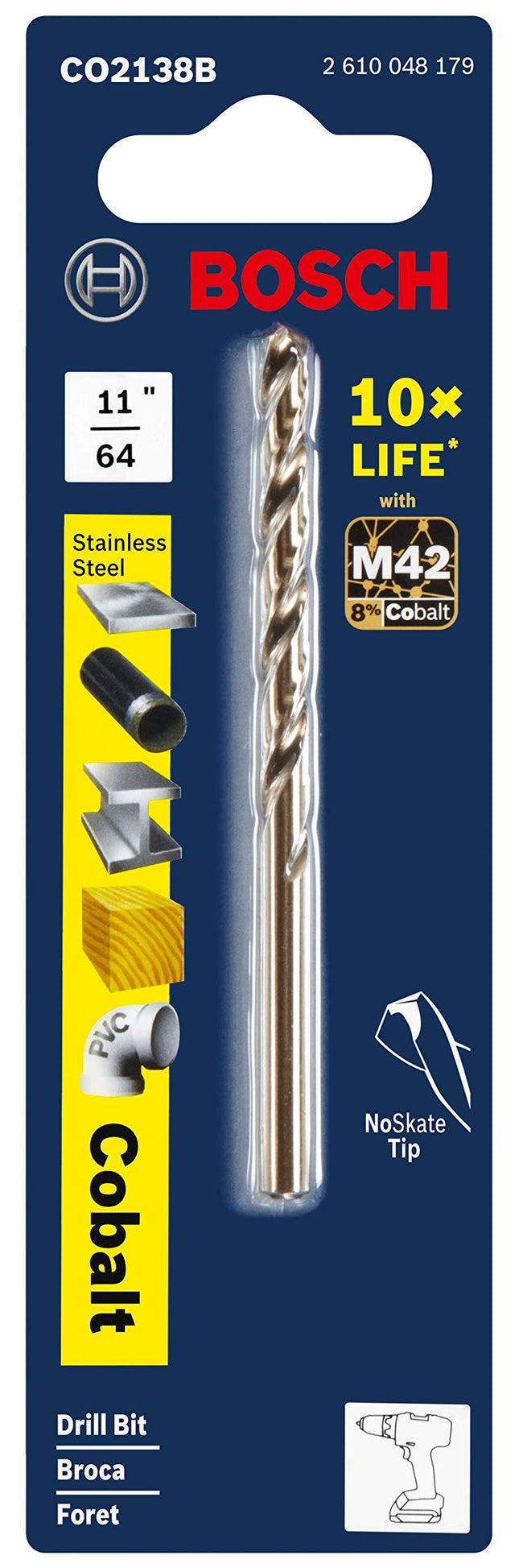 BOSCH CO2138B Broca de cobalto M42 de 1 pieza de 11/64 de pulgada x 3-1/4 de pulgada con vástago de tres planos para aplicaciones de perforación en acero inoxidable, hierro fundido, titanio, metal de calibre ligero, aluminio