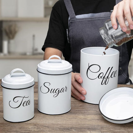 Juego de 3 recipientes de cocina ChicHabitat, recipientes de almacenamiento de alimentos para encimera de cocina, recipientes grandes herméticos para café, azúcar y té con tapas, decoración de cocina rústica blanca