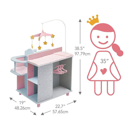 Olivia's Little World 6-in-1 Wooden Baby Doll Changing Station with Crib, Changing Table, High Chair, Double-Door Closet, Sink and Washing Machine, Multicoloured