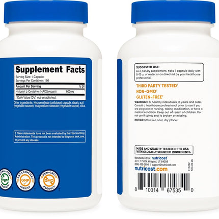 Nutricost N-Acetyl L-Cysteine (NAC) 600mg, 180 Capsules - Non-GMO, Gluten Free