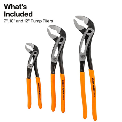 Klein Tools D5053KIT 3-Piece Classic Klaw Pump Pliers Set, 7-Inch, 10-Inch, and 12-Inch Pump Pliers, Compact Design with V-Jaw and Hardened Teeth for Maximum Torque