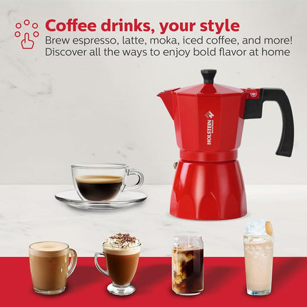 Holstein Housewares 3-Cup Aluminum Espresso Maker - Silver 6 Cup Red