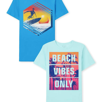 The Children's Place Pack de 2 Camisetas Gráficas de Manga Corta para Niños, Surfer/Beach Vibes Only, XX-Large