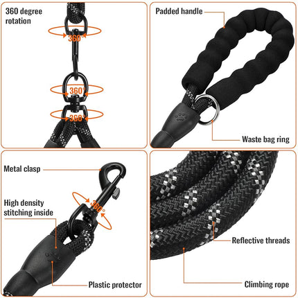 Double Dog Reflective Detachable Coupler and Tangle Free Leash - Support Multiple Rope Control with Padded Handle for Large and Medium Dogs Walking (Classic Black, Double)
