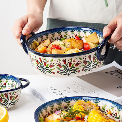 Bicuzat Vintage Style Tulip Flower Pattern Ceramic Bakeware Casserole Dish Baking Pan Lasagna Pans Baking Dish with Handles for Oven/Cooking/Kitchen-1 PCS-32 OZ