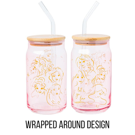 Silver Buffalo Disney Princess Glass Tumbler with Bamboo Lid and Glass Straw Featuring Pocahontas, Tiana, Snow White, Ariel, Belle, Jasmine, Rapunzal, Cinderella, and Moana, 16 Ounces