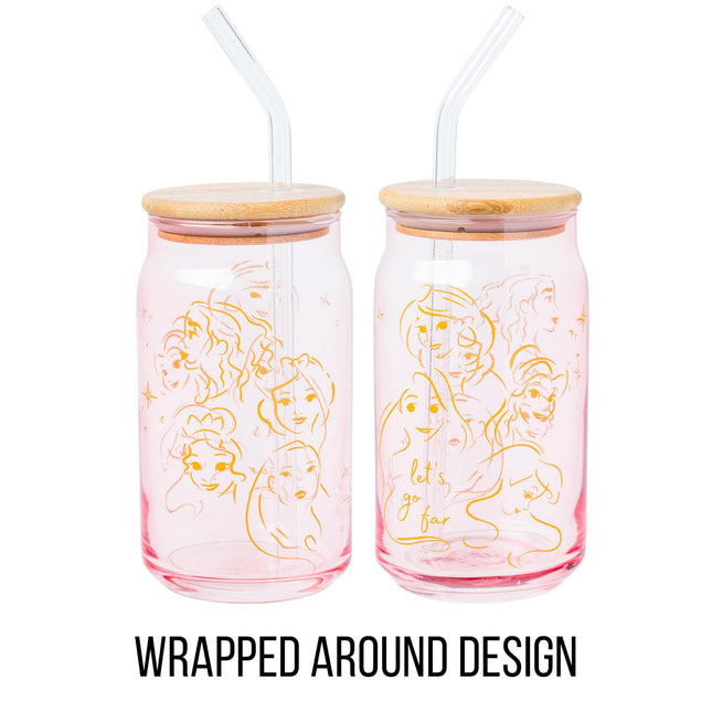 Silver Buffalo Disney Princess Glass Tumbler with Bamboo Lid and Glass Straw Featuring Pocahontas, Tiana, Snow White, Ariel, Belle, Jasmine, Rapunzal, Cinderella, and Moana, 16 Ounces