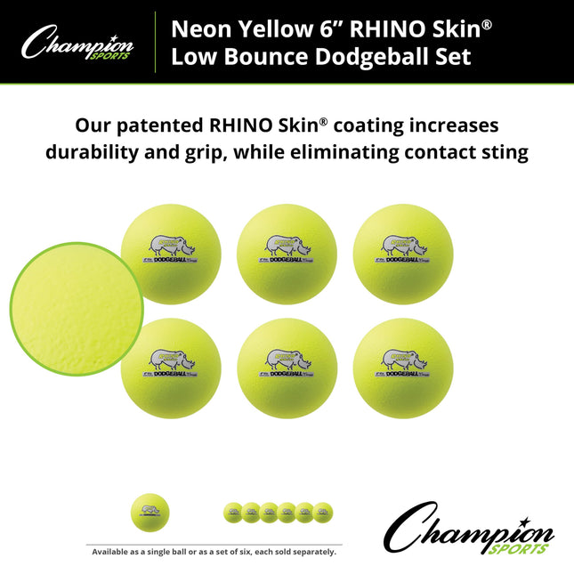 Champion Sports RXD6NYSET Rhino Skin Dodgeball, Set of 6, Neon Yellow, 6"