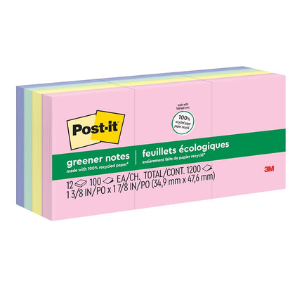 Post-it Greener Notes 653RPA Recycled Note Pads, 1 1/2 x 2, Assorted Helsinki Colors, 100-Sheet (Pack of 12)