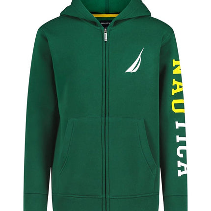 Nautica Boys' Long Sleeve Fleece Full Zip Hoodie, Comfortable, Relaxed Fit, J-Class Evergreen, 8