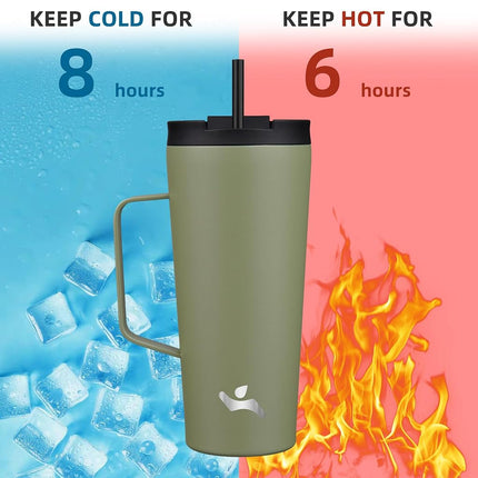 Konokyo Insulated Tumbler with Handle and Straw, 22 OZ Travel Coffee Mug Stainless Steel Cup Metal Water Bottle,Camp Green