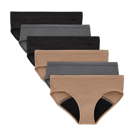 Hanes Girls' Comfort, Period. Boys'hort & Hipster Period Underwear, Moderate Protection, Multi-Pack, Hipster - Black/Grey/Tan - 6 Pack, 10