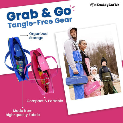 DaddyGoFish Kids Fishing Pole - Rod Reel Combo Tackle Box Starter Set - First Year Small Dock Gear Kit for Boys Girls Toddler Youth Age Beginner Little Children Junior Anglers (2 Pack Blue + Pink 4ft)