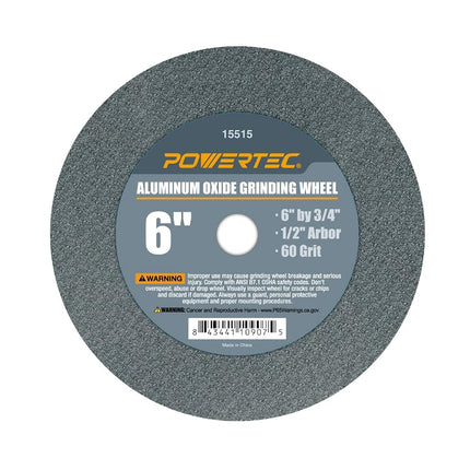 POWERTEC 15515 Aluminum Oxide Grinding Wheel 60 Grit, 6" x 3/4" with 1/2" Arbor