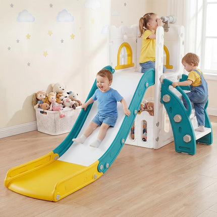 OLAKIDS Toddler Slide, 6 in 1 Kids Indoor Outdoor Playground with Climber Basketball Hoop Telescope Toy Storage for Boys Girls Aged 1+