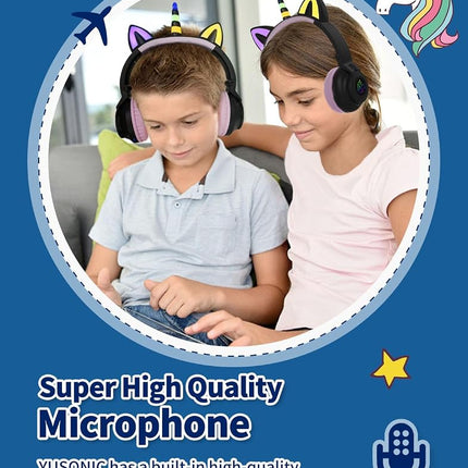 Unicorn Kids Headphones,Unicorn Bluetooth Headphones Foldable for Girls Boys Toddlers Phones pad/Amazon fire/Tablet,Light Up Kids Wireless Headphone Birthday Gifts (Black)