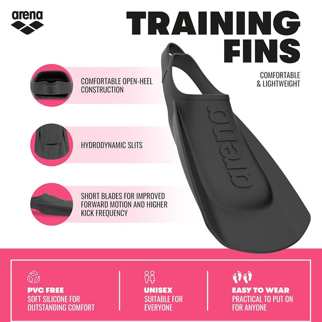 Arena Unisex Adult Comfortable Lightweight Swim Training Fins for Men and Women Silicone Short Blade Flippers Open Heel Design, Pink, 9.5-10.5