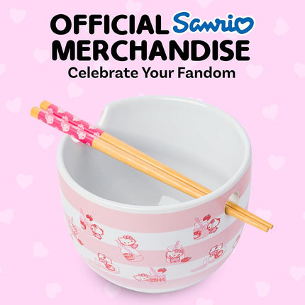 Silver Buffalo Hello Kitty Strawberry Drink Bottle Pink Stripe Ceramic Ramen Noodle Bowl with Chopsticks, Microwave Safe, 20 Ounces