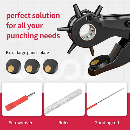 XOOL Leather Hole Punch Plier, Heavy Duty Rotatable Belt Hole Puncher with 6 Different Sizes Used for Belt, Watch Belt, Belt, Shoes, Purses, Clothes, Cardboard, Paper, Hard PVC, etc