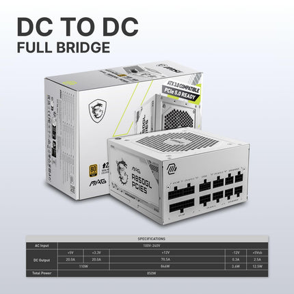 Fuente de alimentación para juegos MSI MAG 850GL PCIE 5 Blanca - Totalmente modular - Certificación 80 Plus Gold 850W - Tamaño compacto - Fuente de alimentación ATX