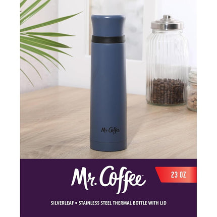 Mr. Coffee Silverleaf 23 oz Stainless Steel Thermal Bottle – Double Wall Vacuum Insulated Travel Mug with Leak-Proof Lid, Blue – Hot & Cold Beverage Flask for Work, Commute, or Camping