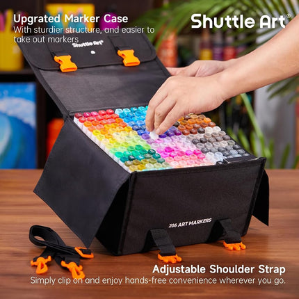 Shuttle Art Alcohol Markers, 204 Colours Dual Tip Art Markers Plus2 Colourless Blender, Felt Tip Colouring Pens with Case for Artist Adult Illustration Colouring Sketching Highlighting and Card Making