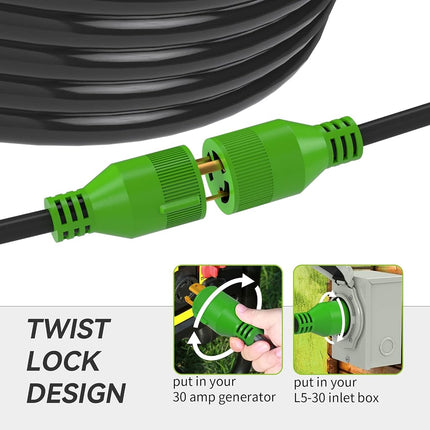 RVMATE Cable de extensión para generador de 3 clavijas y 30 amperios, 25 pies, cubierta SJTW NEMA L5-30P/L5-30R 125V