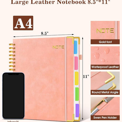 Hardcover Large Spiral Notebook 8.5" x 11" with Removable Dividers Tabs, 300 pages Leather 5 Subject Notebook College Ruled, A4 Journal for Women Men, Notebooks for Work School Note taking, Pink