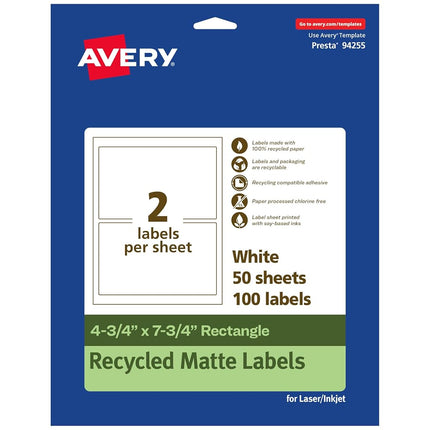 Avery Etiquetas Rectangulares Recicladas EcoFriendly Blanco Mate, 4.75" x 7.75", Impresión hasta el Borde, Etiquetas Blancas Mate, Adhesivo Permanente, Imprimibles Láser/Inyección de Tinta, 100 en Total