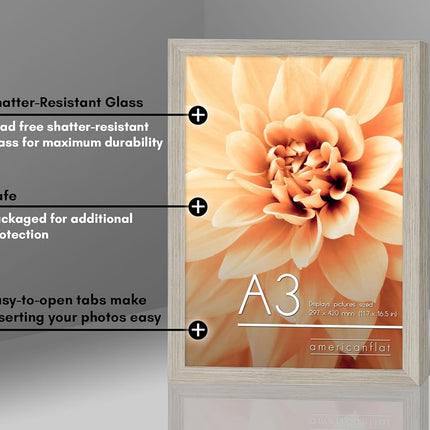 Americanflat A3 Picture Frame in Driftwood - Engineered Wood with Shatter Resistant Glass - Horizontal and Vertical Formats for Wall - 29.7x42 cm