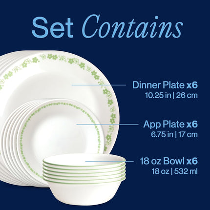 Corelle Vitrelle 18 Piece Glass Dinnerware Sets, Service for 6, Triple Layer Chip & Crack Resistant Glass Plate and Bowl Sets, Spring Blossom Green