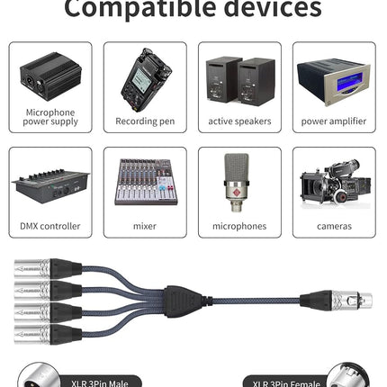 HUALEU 2Feet 3Pin XLR 1 Female to 4 Male Y Splitter Audio Cable,4Way-1 XLR Single Input to Four Output Parallel Connection Cable for Microphone, Audio Player, Power Amplifier, Mixing Console DMX