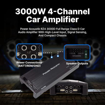 Power Acoustik RZ4 3000D Amplificador monocanal y de rango completo clase D serie Razor, 4 canales, 3,000 vatios máximos