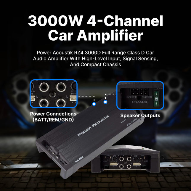 Power Acoustik RZ4 3000D Amplificador monocanal y de rango completo clase D serie Razor, 4 canales, 3,000 vatios máximos