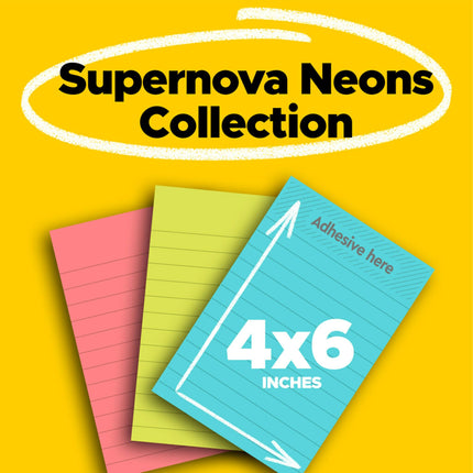 Notas Post-it Super Sticky, 10,1 cm x 15,2 cm, 3 blocs, 2 veces más poder de adherencia, neones Supernova, colores brillantes, reciclables (660-3SSMIA)