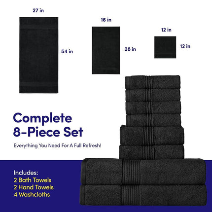 Juego de toallas de baño de 8 piezas – 100% algodón peinado – Baño + Mano + Toallas de cara – Toallas suaves y absorbentes con certificación Oeko-TEX con bordes duraderos de doble costura para baño o spa de invitados, Negro