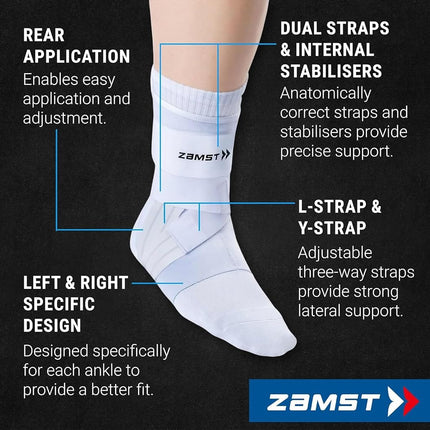 Zamst A1 Ankle Brace for Sports - Breathable Sports Ankle Support for Men and Women with Adjustable Three Way Straps for Moderate Lateral Ankle Sprain - White, Left, Small