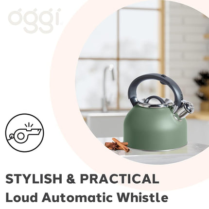 Oggi Stainless Steel Stovetop Tea Kettle - 64oz / 1.9lt, Sage, Loud Crescendo Whistle, Trigger Spout Cover
