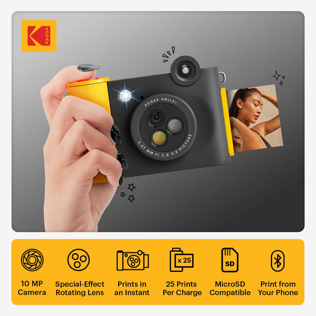 KODAK Smile+ 2-in-1 Digital Instant Camera & Wireless Bluetooth Photo Printer, 10MP, Special-Effect Rotating Lens, Zink 2x3" (5.1x7.5 cm) Sticky-Back Photos, Print via App from Smart Devices, Black